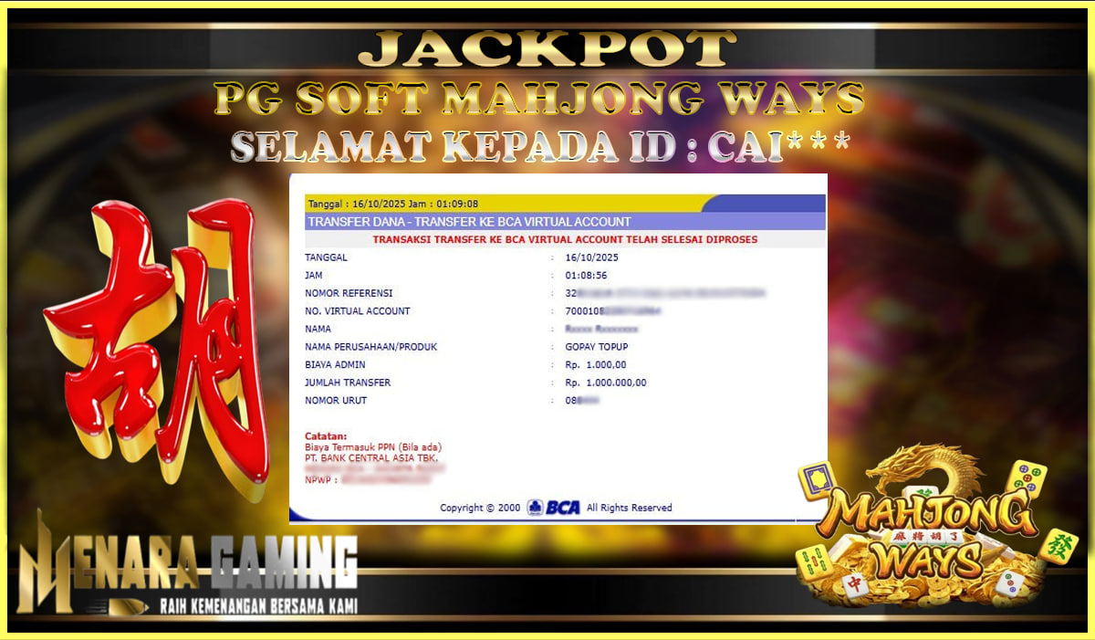 MENARAGAMING JACKPOT PG SOFT MAHJONG WAYS Rp. 1.000.000,- LUNAS