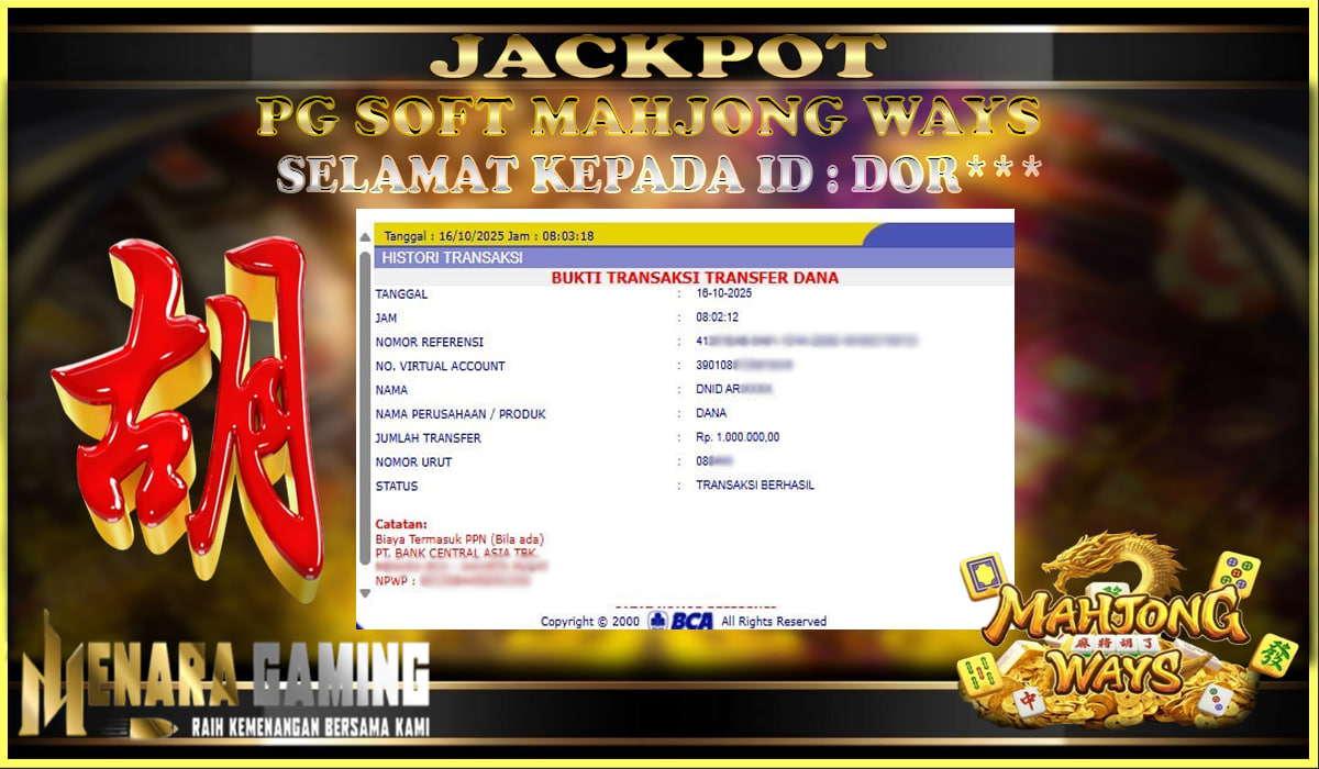 MENARAGAMING JACKPOT PG SOFT MAHJONG WAYS Rp. 1.000.000,- LUNAS