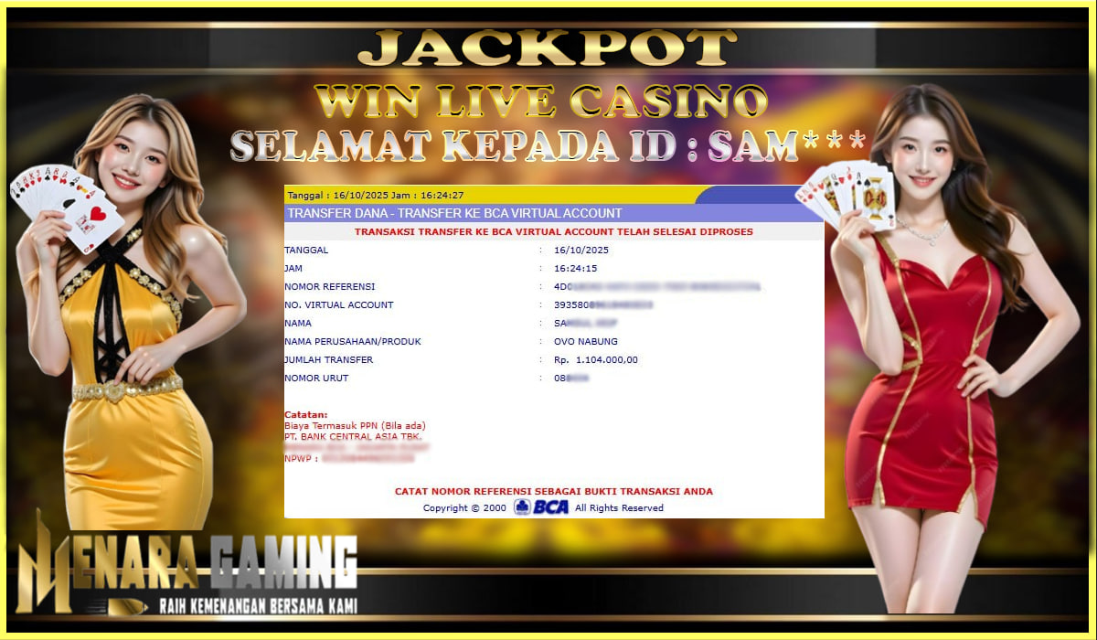 MENARAGAMING JACKPOT LIVE CASINO Rp. 1.000.000,- LUNAS