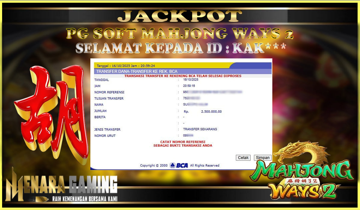 MENARAGAMING JACKPOT PG SOFT MAHJONG WAYS 2 Rp. 2.000.000,- LUNAS