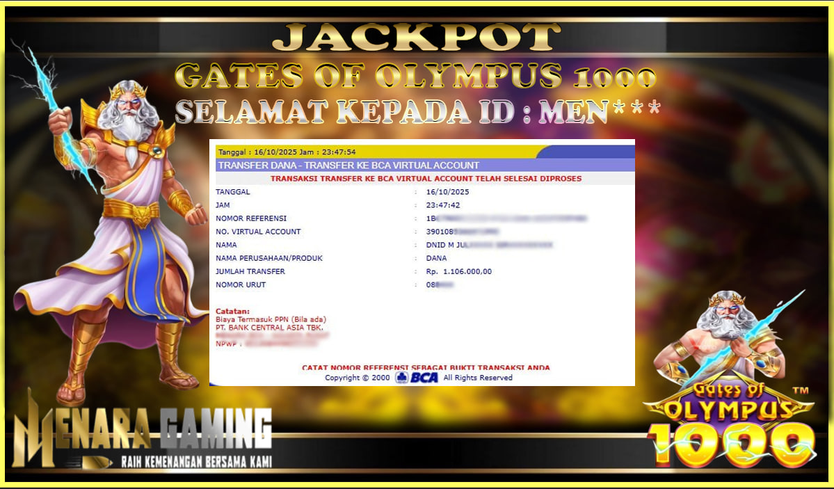 MENARAGAMING JACKPOT PRAGMATIC PLAY GATES OF OLYMPUS 1000 Rp. 1.000.000,- LUNAS