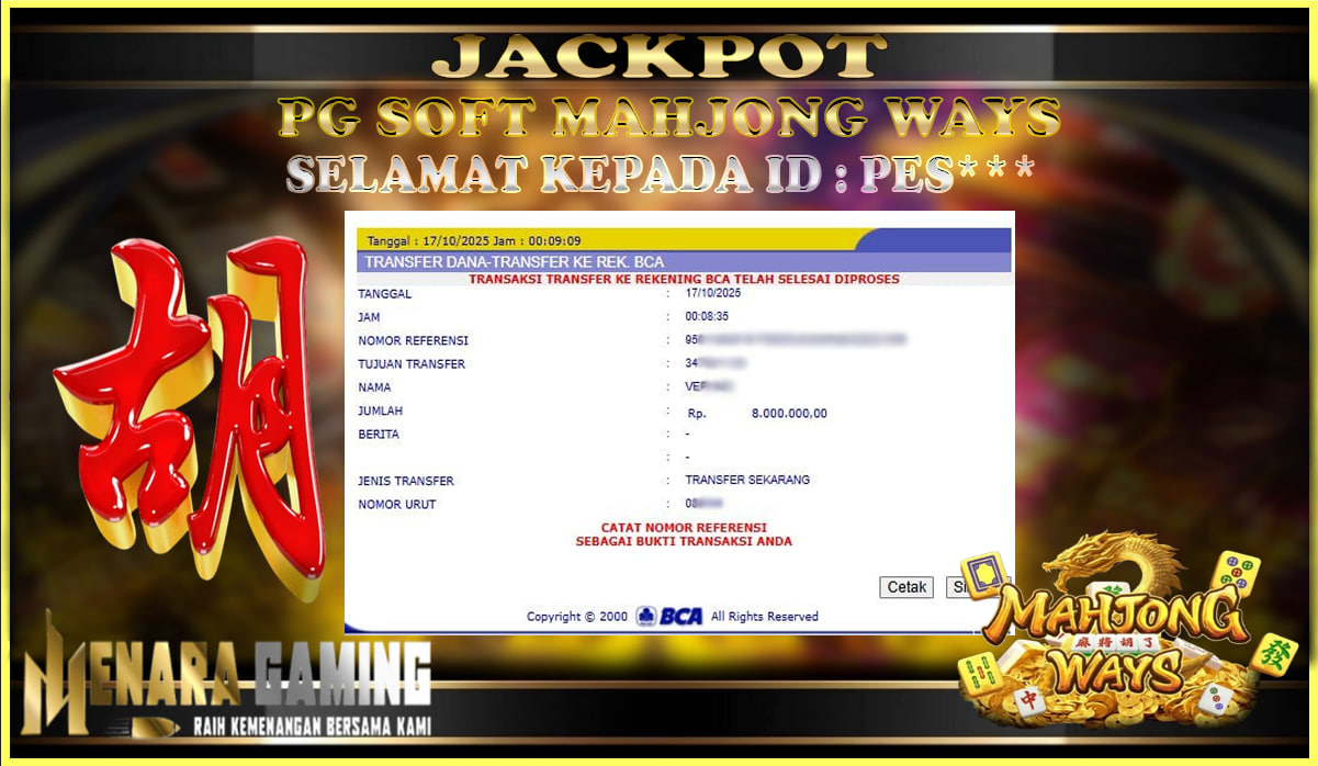 MENARAGAMING JACKPOT PG SOFT MAHJONG WAYS Rp. 8.000.000,- LUNAS