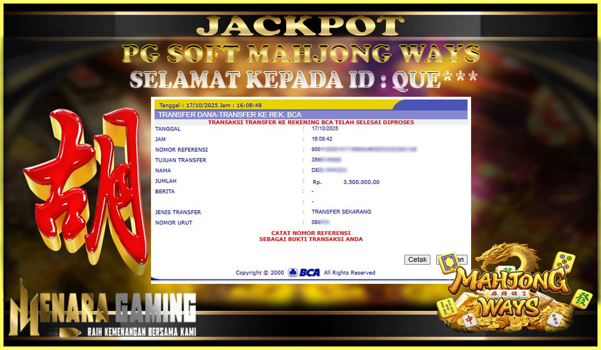 MENARAGAMING JACKPOT PG SOFT MAHJONG WAYS Rp. 3.000.000,- LUNAS