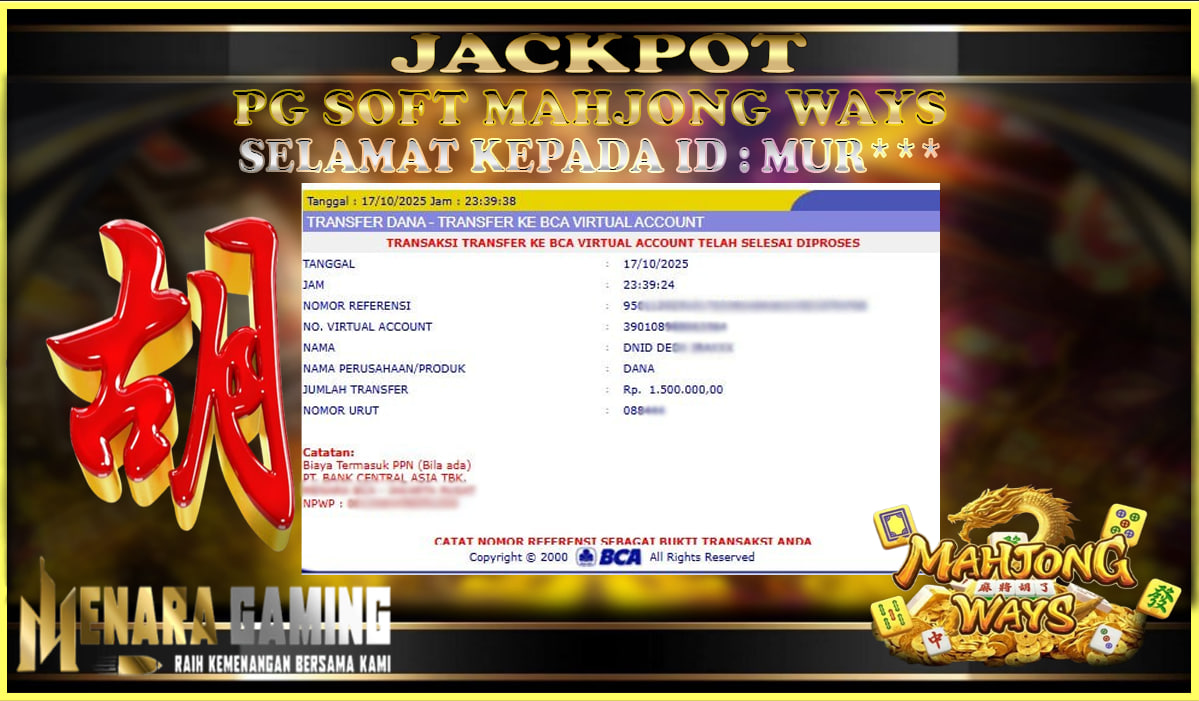MENARAGAMING JACKPOT PG SOFT MAHJONG WAYS Rp. 1.000.000,- LUNAS