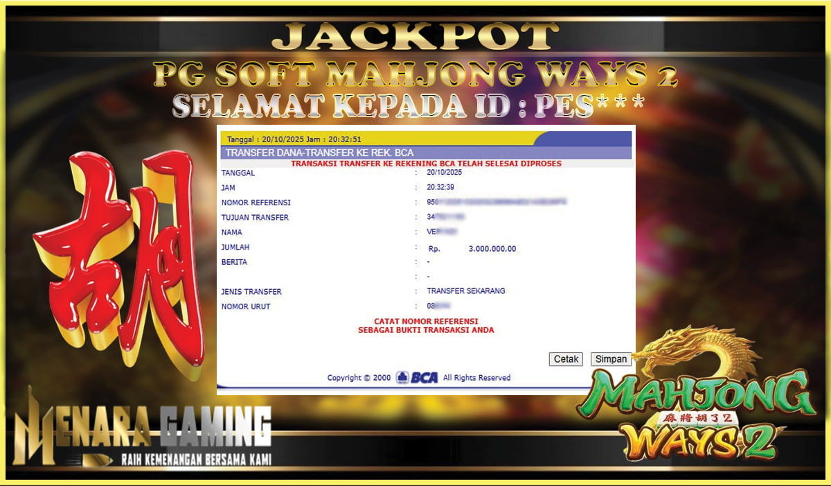 MENARAGAMING JACKPOT PG SOFT MAHJONG WAYS 2 Rp. 3.000.000,- LUNAS