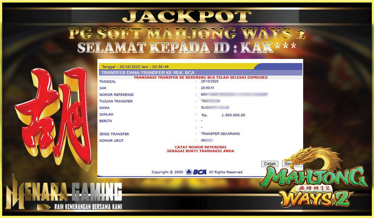 MENARAGAMING JACKPOT PG SOFT MAHJONG WAYS 2 Rp. 1.000.000,- LUNAS
