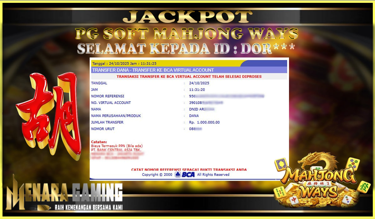 MENARAGAMING JACKPOT PG SOFT MAHJONG WAYS Rp. 1.000.000,- LUNAS