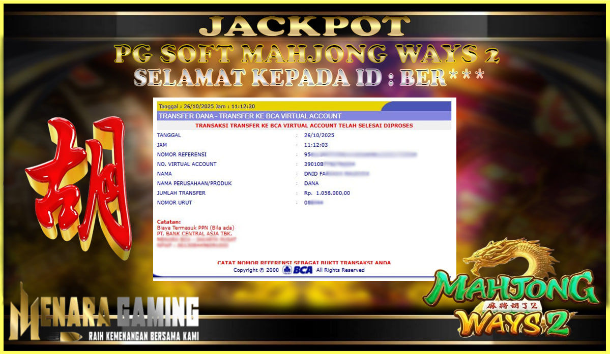 MENARAGAMING JACKPOT PG SOFT MAHJONG WAYS 2 Rp. 1.000.000,- LUNAS