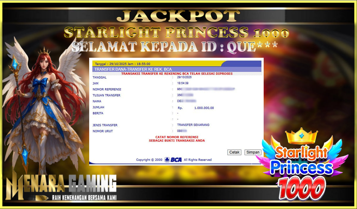 MENARAGAMING JACKPOT PRAGMATIC PLAY STARLIGHT PRINCESS 1000 Rp. 1.000.000,- LUNAS