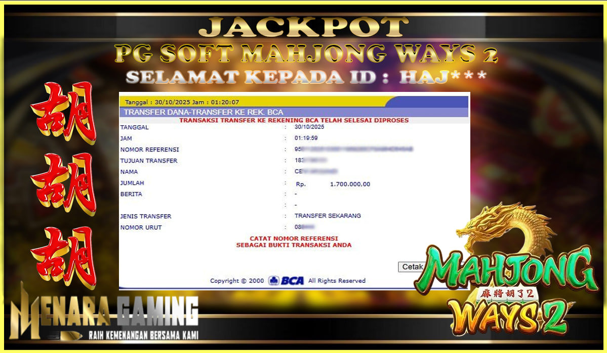 MENARAGAMING JACKPOT PG SOFT MAHJONG WAYS 2 Rp. 1.000.000,- LUNAS