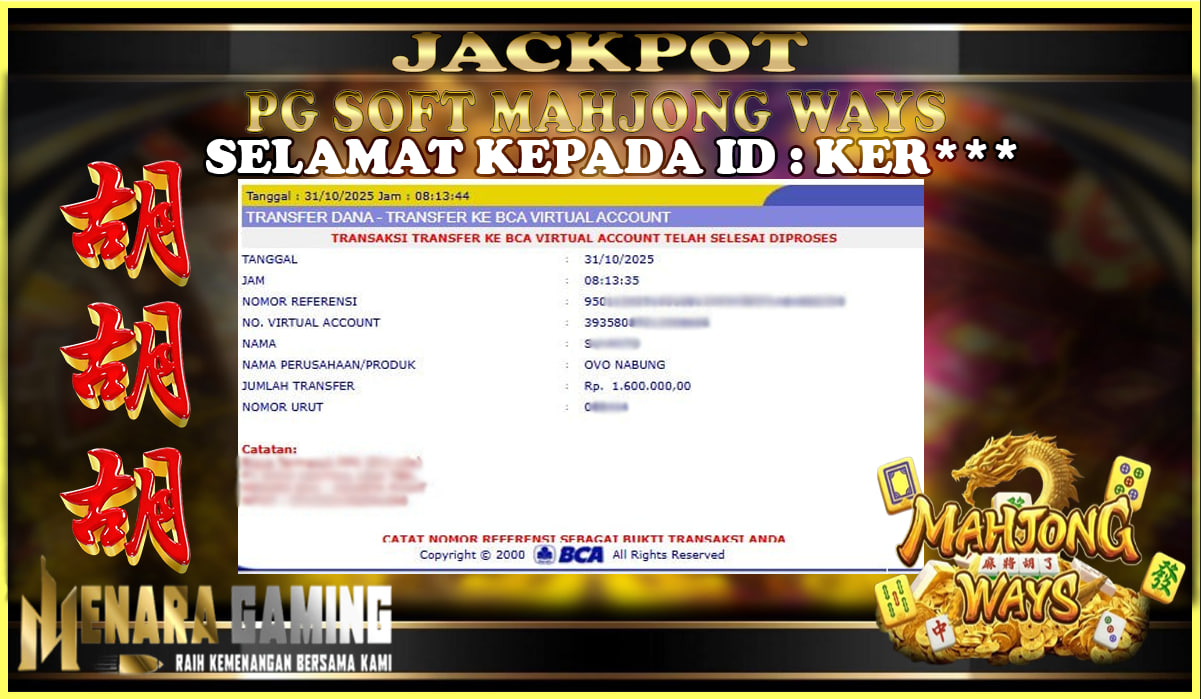 MENARAGAMING JACKPOT PG SOFT MAHJONG WAYS Rp. 1.000.000,- LUNAS