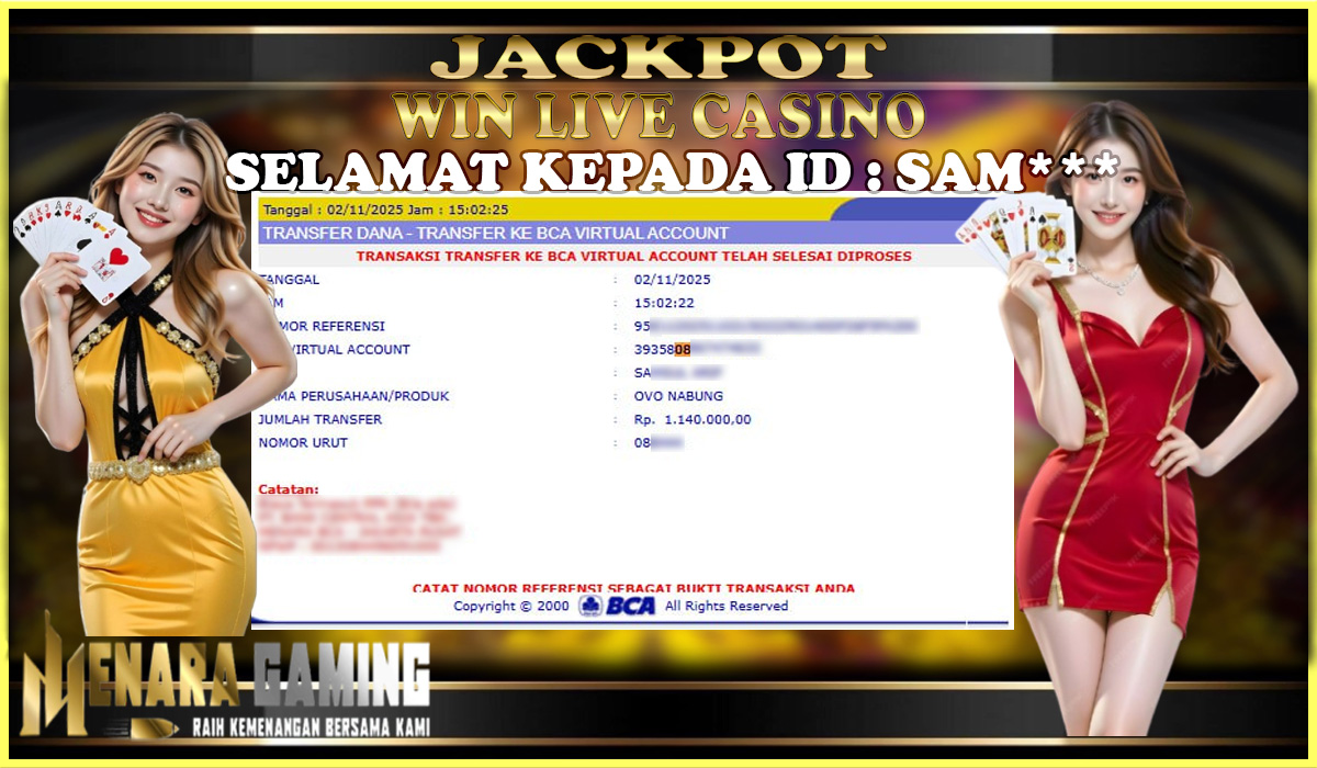 MENARAGAMING JACKPOT LIVE CASINO Rp. 1.000.000,- LUNAS