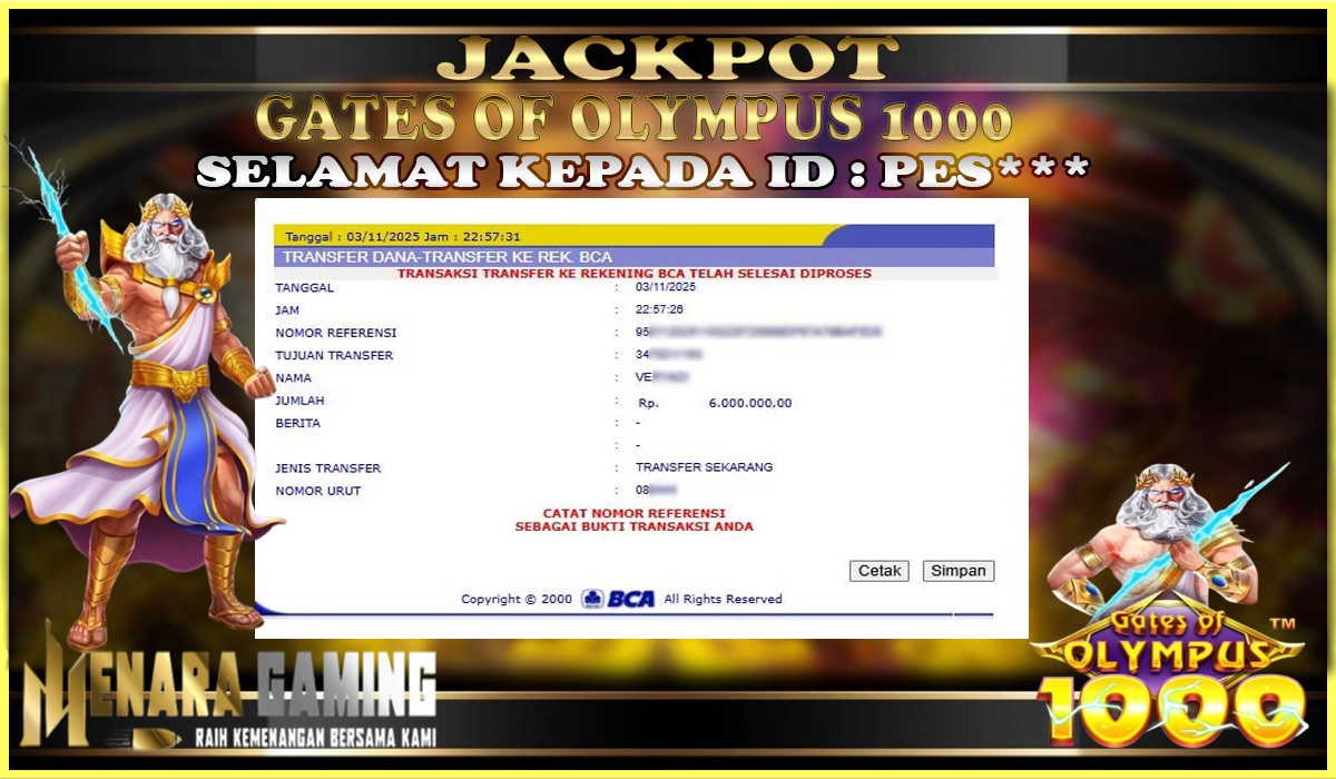 MENARAGAMING JACKPOT PRAGMATIC PLAY GATES OF OLYMPUS 1000 Rp. 6.000.000,- LUNAS