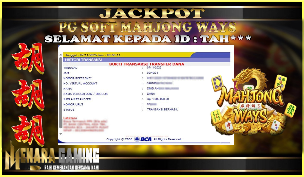 MENARAGAMING JACKPOT PG SOFT MAHJONG WAYS Rp. 1.000.000,- LUNAS