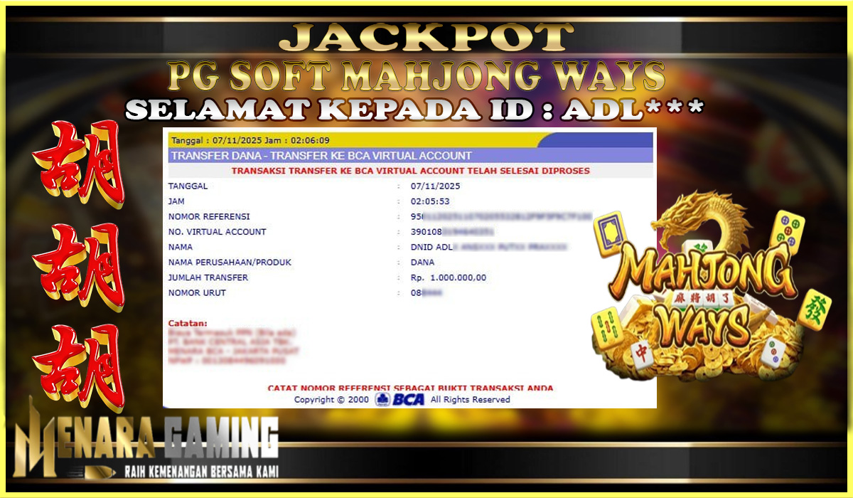 MENARAGAMING JACKPOT PG SOFT MAHJONG WAYS Rp. 1.000.000,- LUNAS
