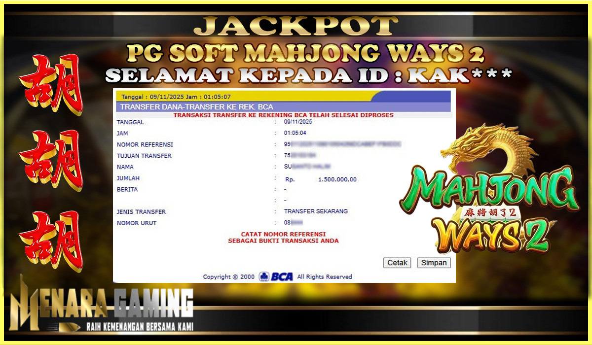 MENARAGAMING JACKPOT PG SOFT MAHJONG WAYS 2 Rp. 1.000.000,- LUNAS