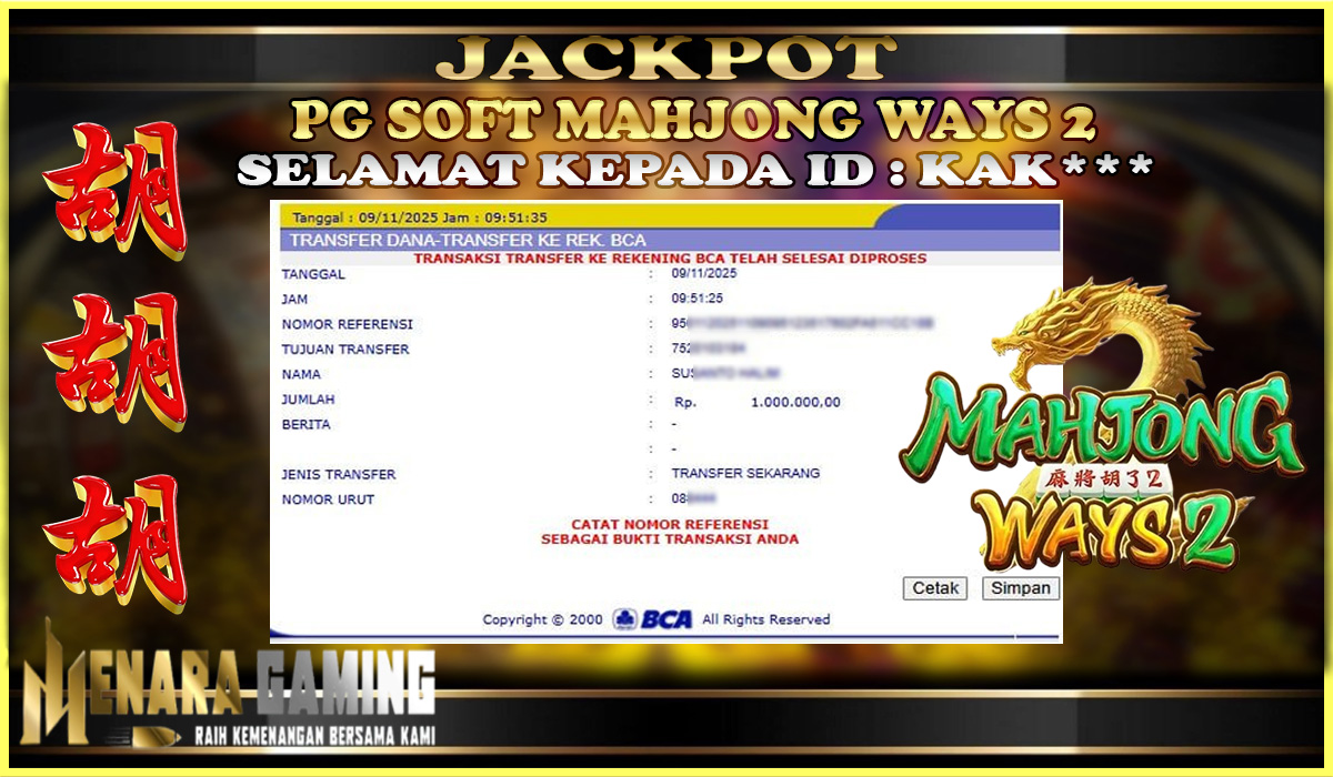 MENARAGAMING JACKPOT PG SOFT MAHJONG WAYS 2 Rp. 1.000.000,- LUNAS