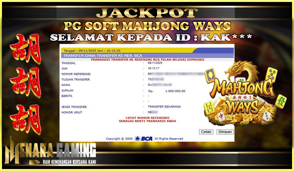 MENARAGAMING JACKPOT PG SOFT MAHJONG WAYS Rp. 1.000.000,- LUNAS