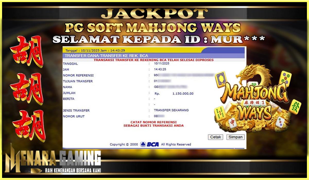 MENARAGAMING JACKPOT PG SOFT MAHJONG WAYS Rp. 1.000.000,- LUNAS