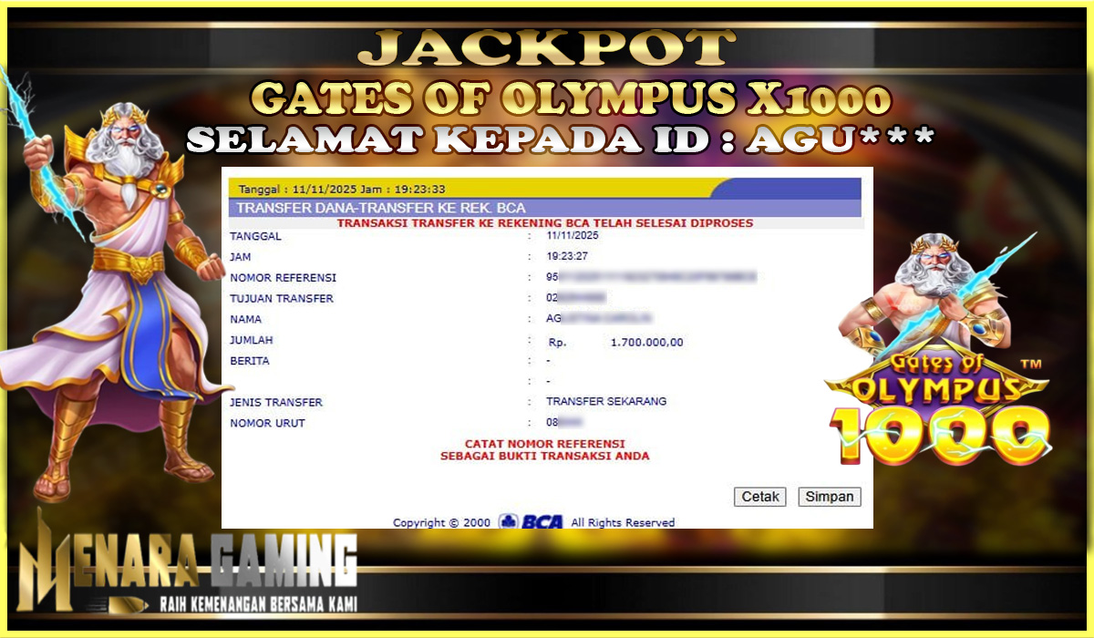 MENARAGAMING JACKPOT PRAGMATIC PLAY GATES OF OLYMPUS 1000 Rp. 1.000.000,- LUNAS