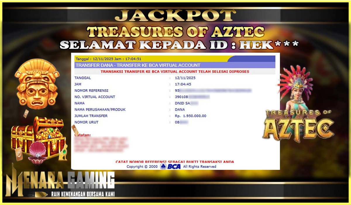MENARAGAMING JACKPOT PG SOFT TREASURES OF AZTEC Rp. 1.000.000,- LUNAS
