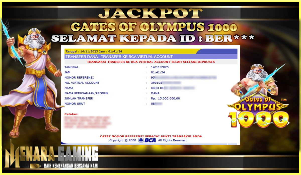 MENARAGAMING JACKPOT PRAGMATIC PLAY GATES OF OLYMPUS 1000 Rp. 15.000.000,- LUNAS