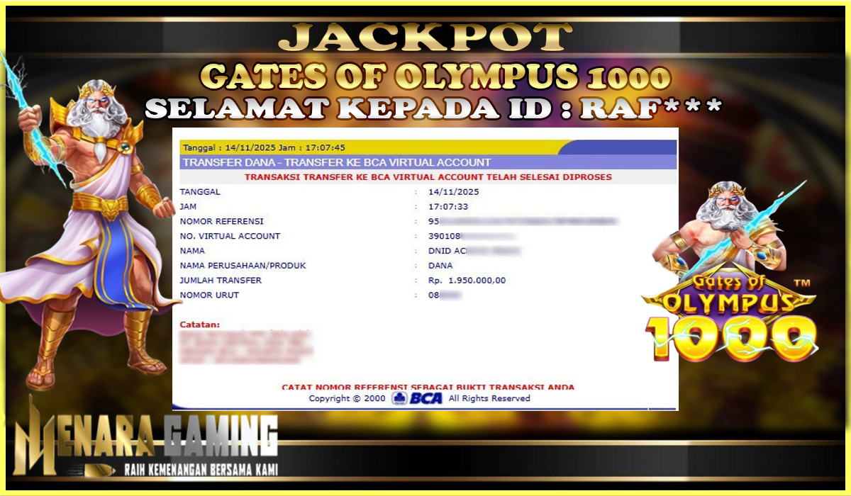 MENARAGAMING JACKPOT PRAGMATIC PLAY GATES OF OLYMPUS 1000 Rp. 1.000.000,- LUNAS