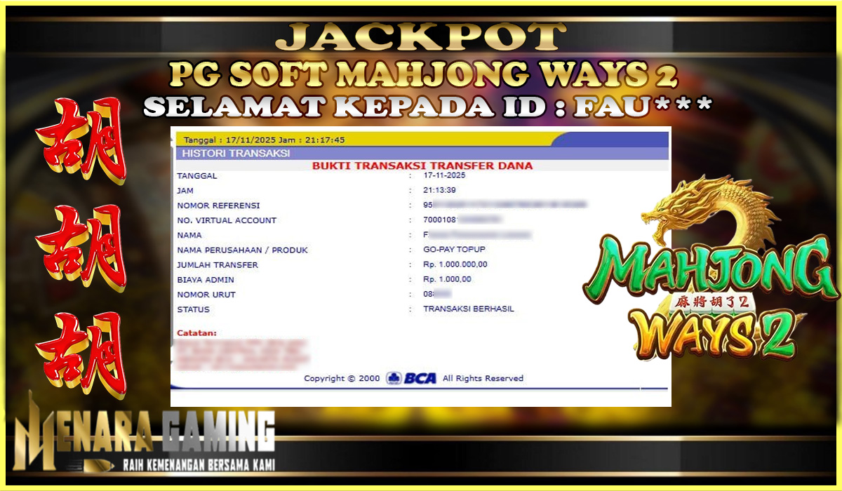 MENARAGAMING JACKPOT PG SOFT MAHJONG WAYS 2 Rp. 1.000.000,- LUNAS