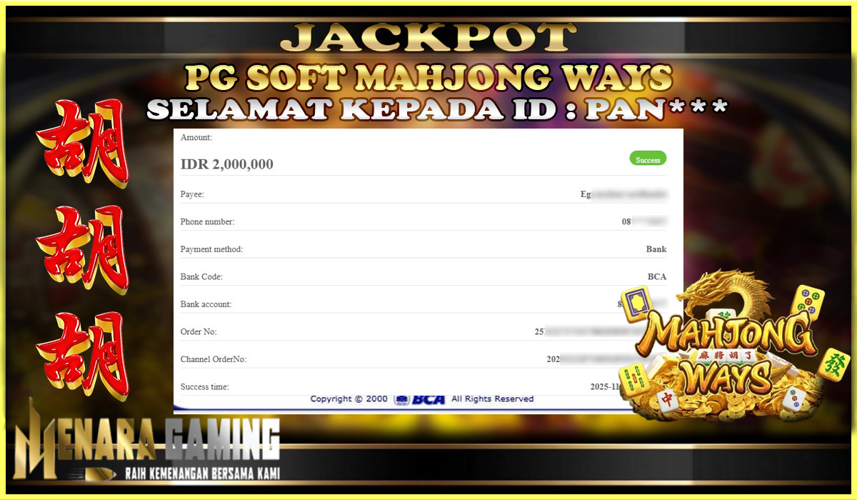 MENARAGAMING JACKPOT PG SOFT MAHJONG WAYS Rp. 2.000.000,- LUNAS