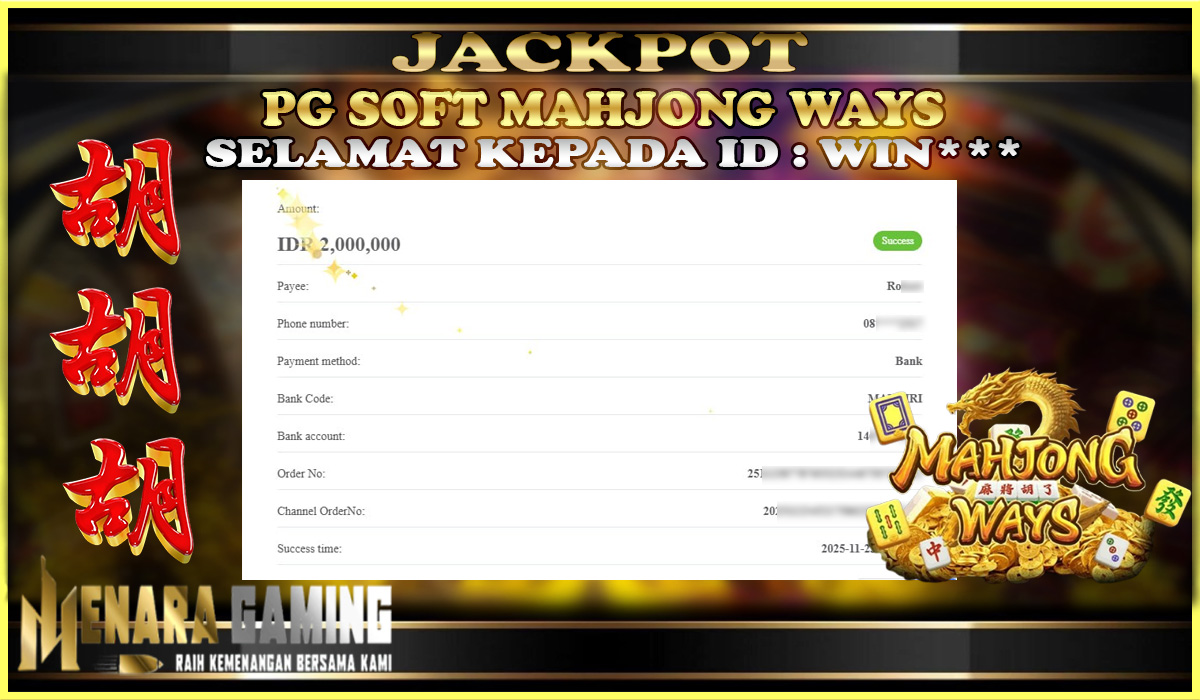 MENARAGAMING JACKPOT PG SOFT MAHJONG WAYS Rp. 2.000.000,- LUNAS