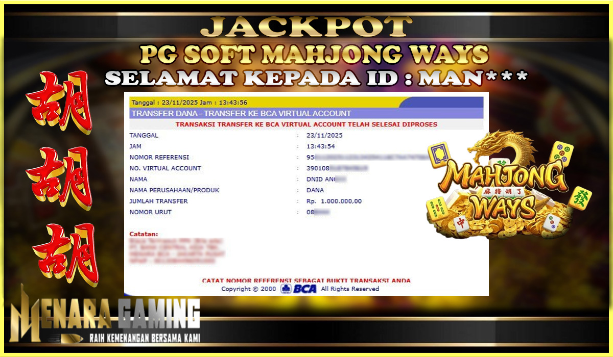 MENARAGAMING JACKPOT PG SOFT MAHJONG WAYS Rp. 1.000.000,- LUNAS