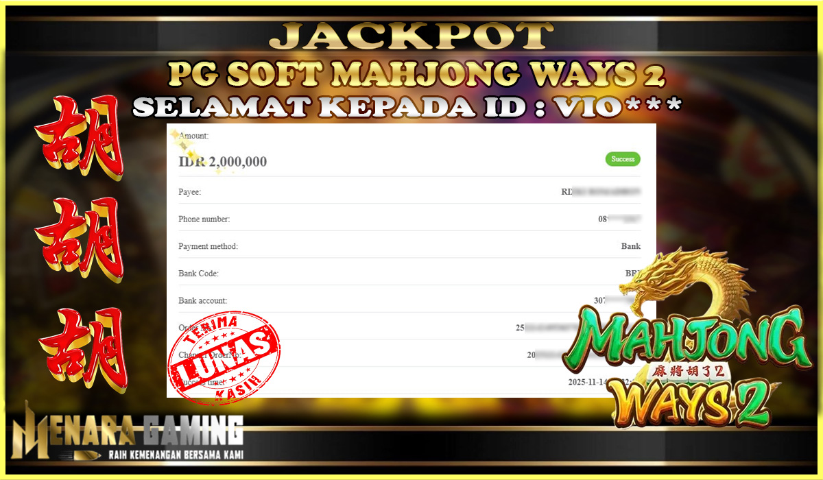 MENARAGAMING JACKPOT PG SOFT MAHJONG WAYS 2 Rp. 2.000.000,- LUNAS