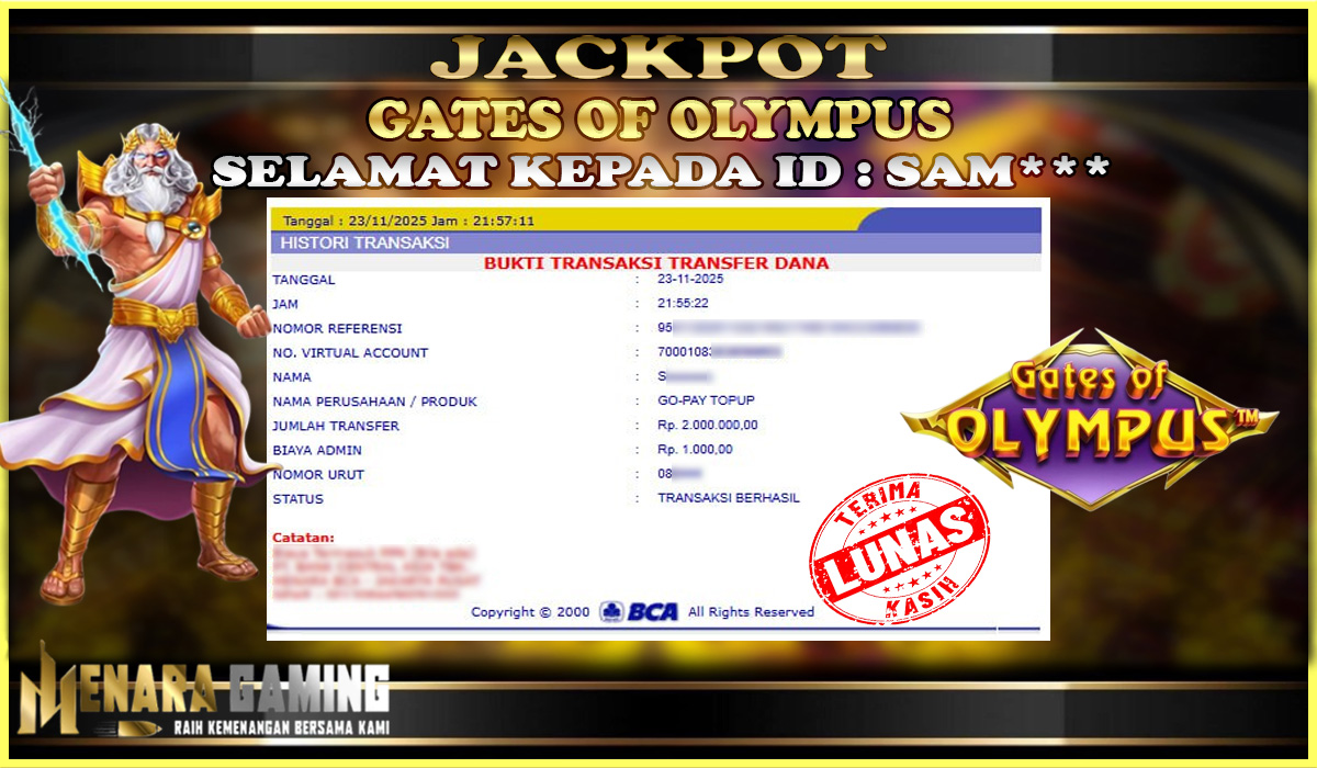 MENARAGAMING JACKPOT PRAGMATIC PLAY GATES OF OLYMPUS Rp. 2.000.000,- LUNAS