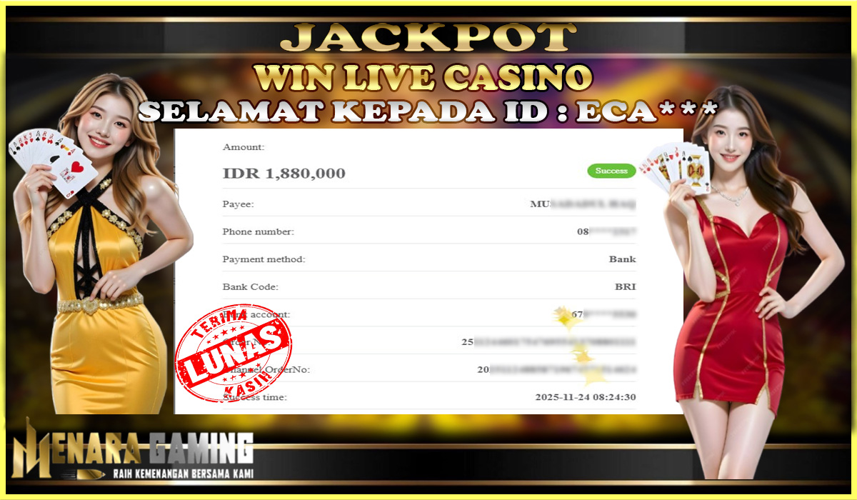 MENARAGAMING JACKPOT LIVE CASINO Rp. 1.000.000,- LUNAS