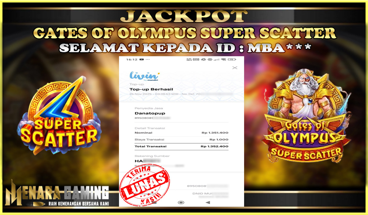 MENARAGAMING JACKPOT PRAGMATIC PLAY GATES OF OLYMPUS SUPER SCATTER Rp. 1.000.000,- LUNAS