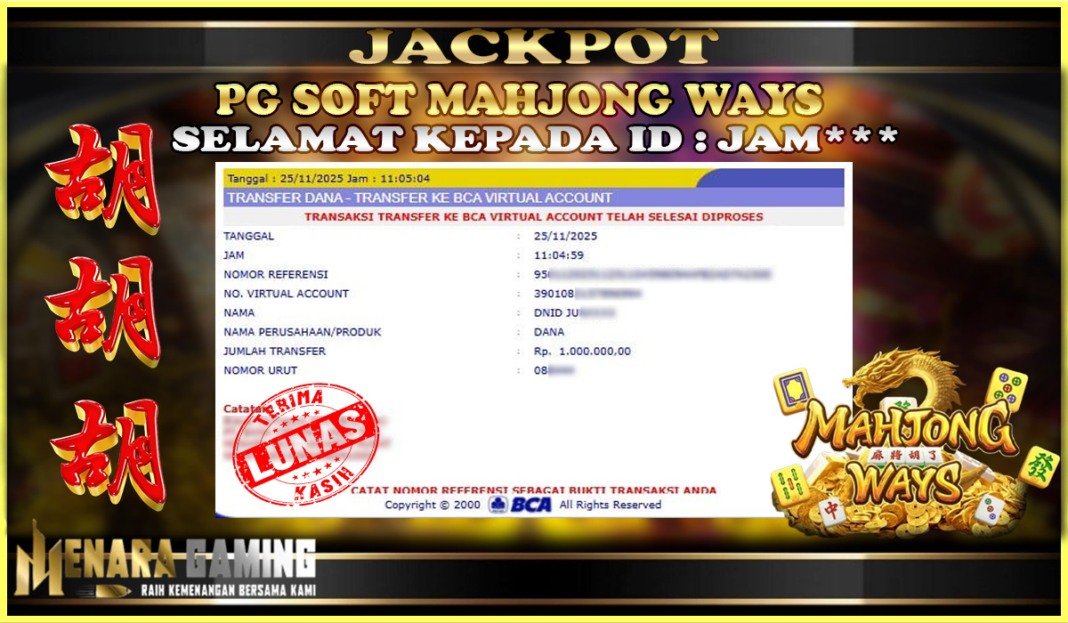 MENARAGAMING JACKPOT PG SOFT MAHJONG WAYS Rp. 1.000.000,- LUNAS