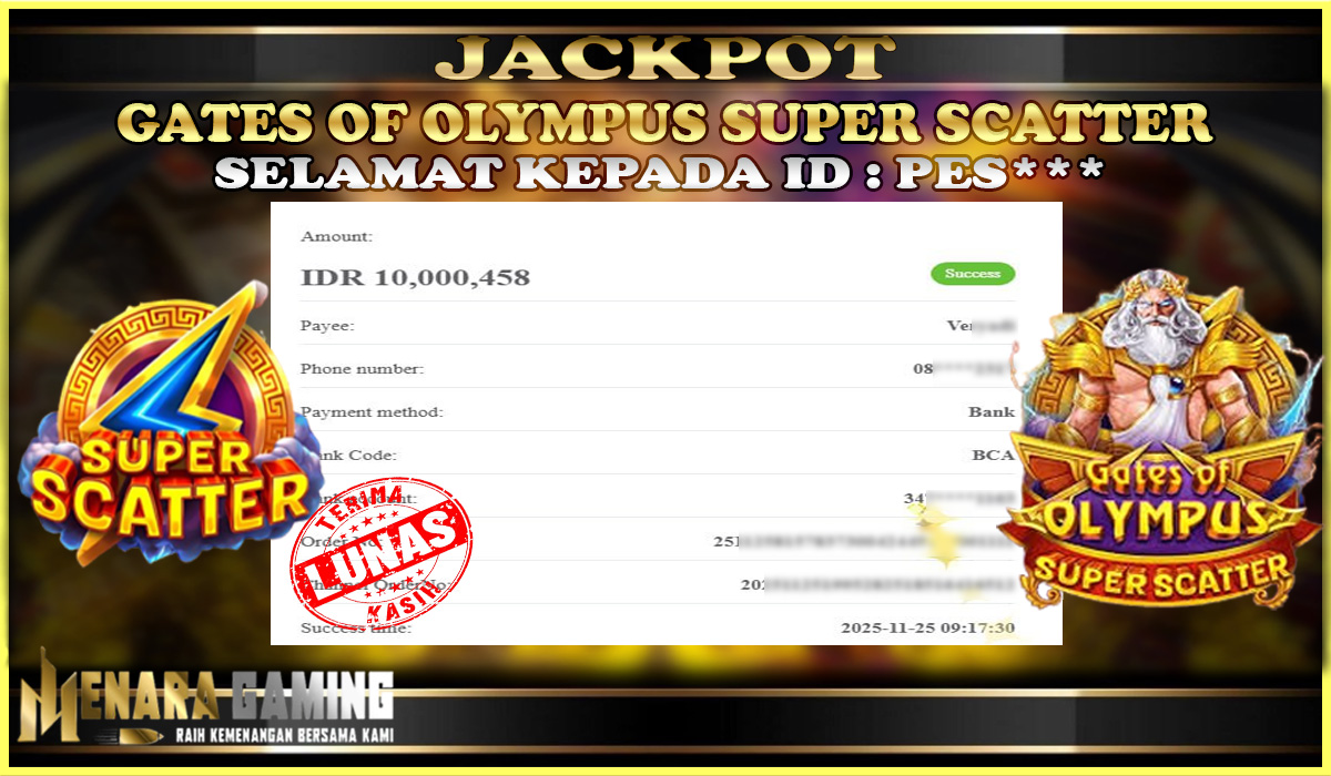 MENARAGAMING JACKPOT PRAGMATIC PLAY GATES OF OLYMPUS SUPER SCATTER Rp. 10.000.000,- LUNAS