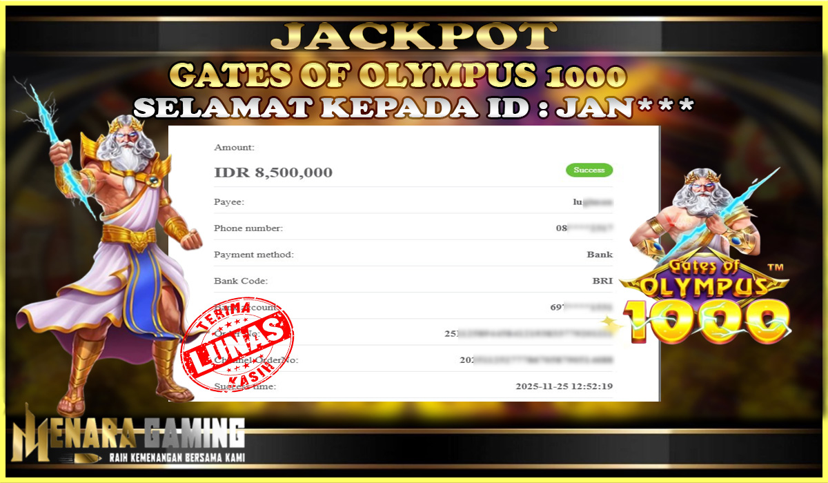 MENARAGAMING JACKPOT PRAGMATIC PLAY GATES OF OLYMPUS 1000 Rp. 8.000.000,- LUNAS