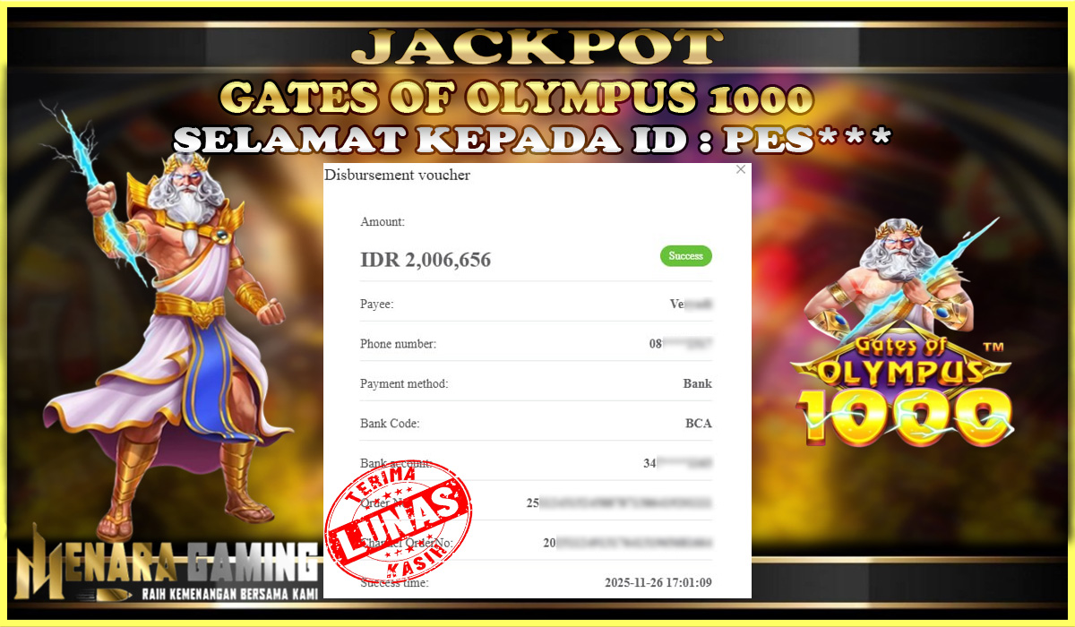 MENARAGAMING JACKPOT PRAGMATIC PLAY GATES OF OLYMPUS 1000 Rp. 2.000.000,- LUNAS