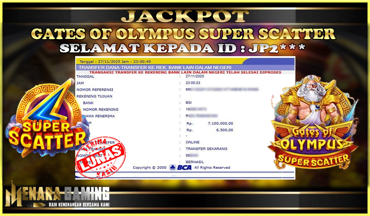 MENARAGAMING JACKPOT PRAGMATIC PLAY GATES OF OLYMPUS SUPER SCATTER Rp. 7.000.000,- LUNAS