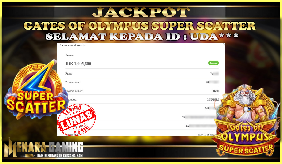 MENARAGAMING JACKPOT PRAGMATIC PLAY GATES OF OLYMPUS SUPER SCATTER Rp. 1.000.000,- LUNAS