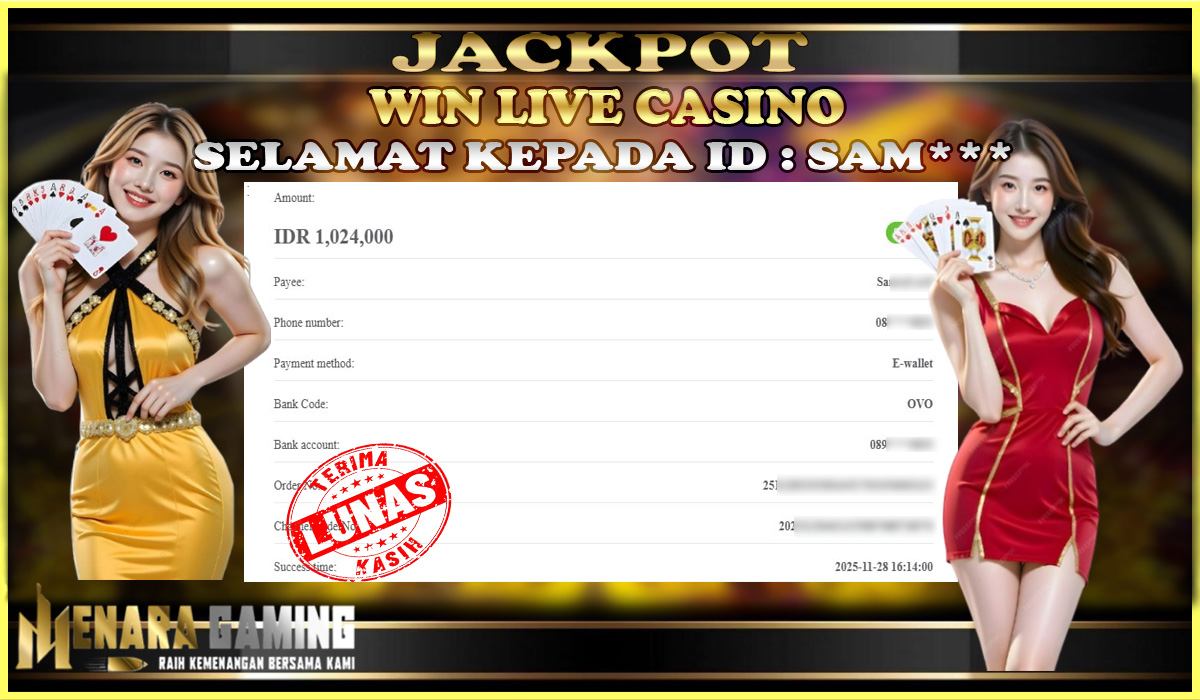 MENARAGAMING JACKPOT LIVE CASINO Rp. 1.000.000,- LUNAS