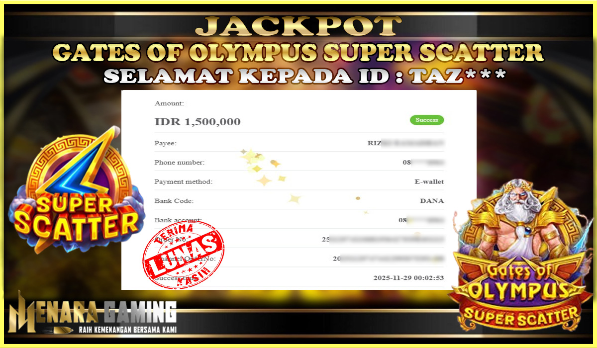 MENARAGAMING JACKPOT PRAGMATIC PLAY GATES OF OLYMPUS SUPER SCATTER Rp. 1.000.000,- LUNAS
