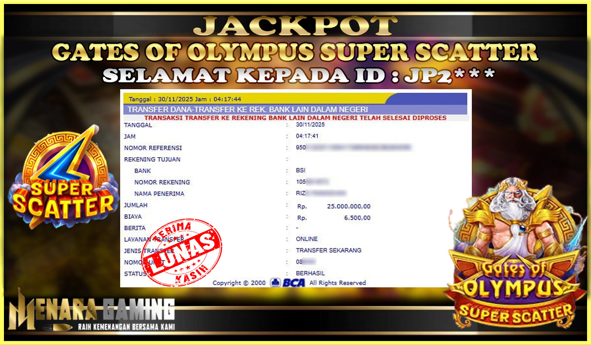 MENARAGAMING JACKPOT PRAGMATIC PLAY GATES OF OLYMPUS SUPER SCATTER Rp. 25.000.000,- LUNAS