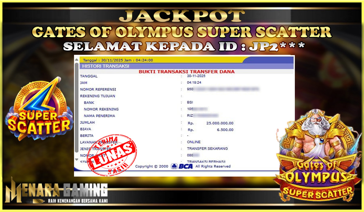 MENARAGAMING JACKPOT PRAGMATIC PLAY GATES OF OLYMPUS SUPER SCATTER Rp. 25.000.000,- LUNAS
