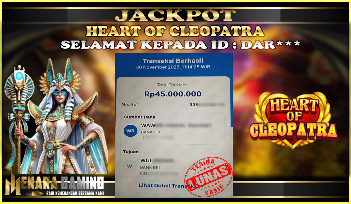 MENARAGAMING JACKPOT PRAGMATIC PLAY HEART OF CLEOPATRA Rp. 45.000.000,- LUNAS
