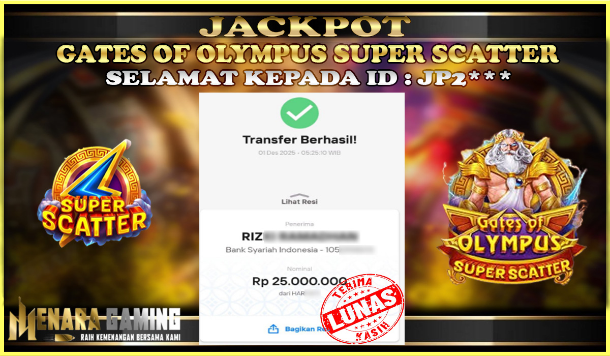 MENARAGAMING JACKPOT PRAGMATIC PLAY GATES OF OLYMPUS SUPER SCATTER Rp. 25.000.000,- LUNAS