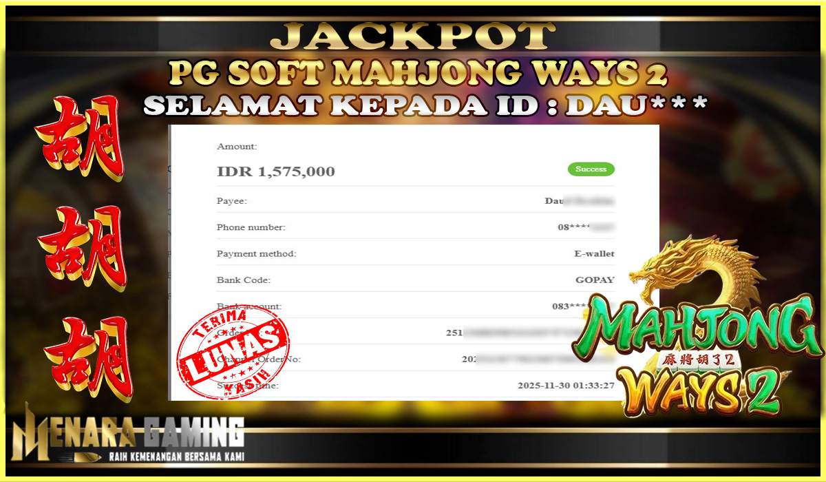 MENARAGAMING JACKPOT PG SOFT MAHJONG WAYS 2 Rp. 1.000.000,- LUNAS