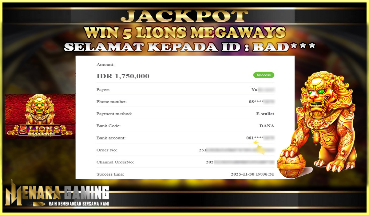 MENARAGAMING JACKPOT PRAGMATIC PLAY 5 LIONS MEGAWAYS Rp. 1.000.000,- LUNAS