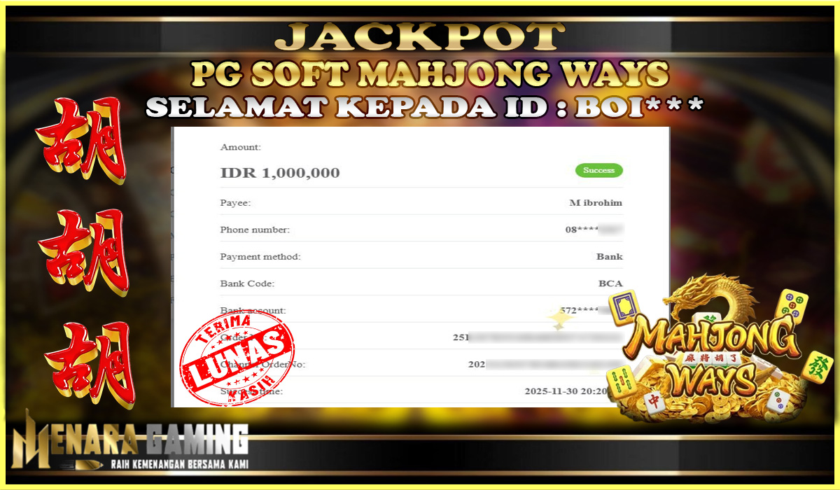 MENARAGAMING JACKPOT PG SOFT MAHJONG WAYS Rp. 1.000.000,- LUNAS